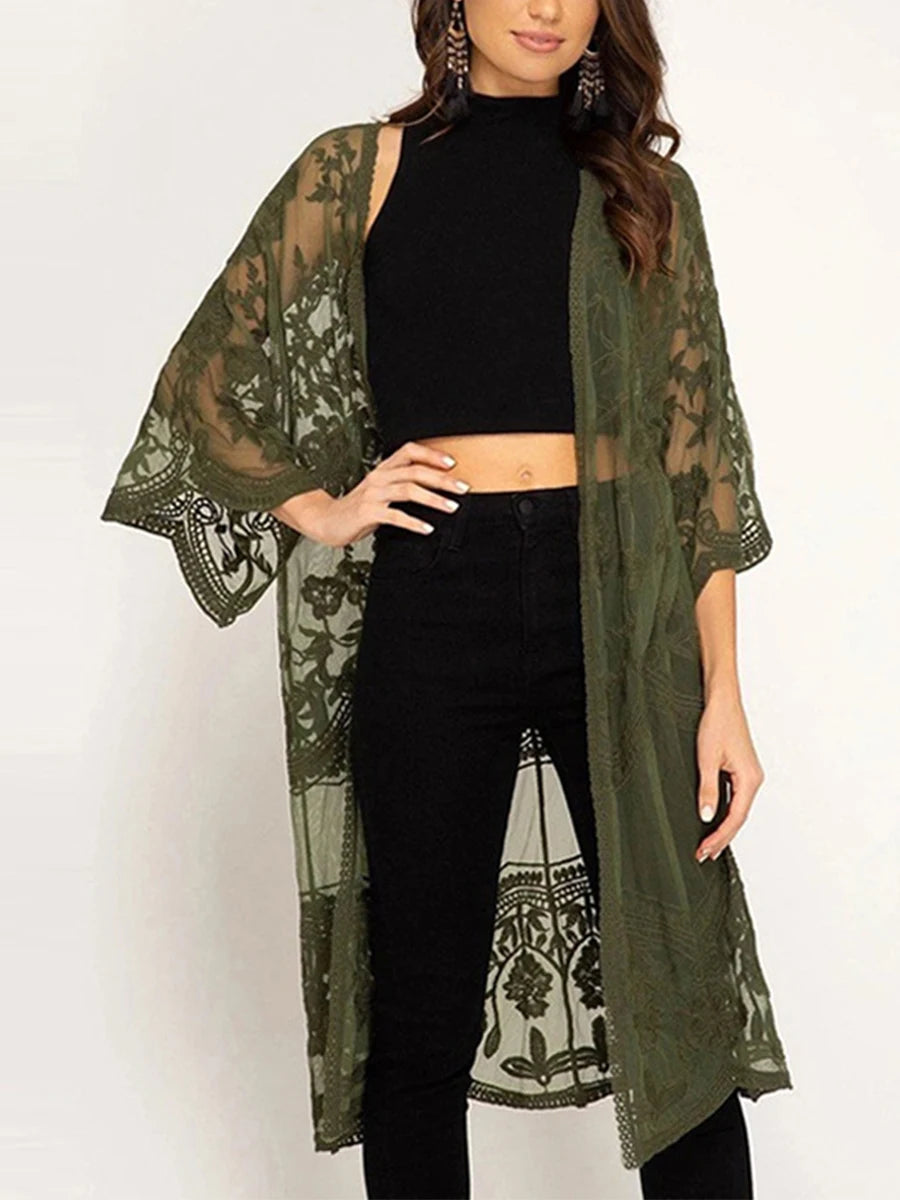 Kimono Mi-long Femme Style Bohème Chic - Transparent et Fleuri