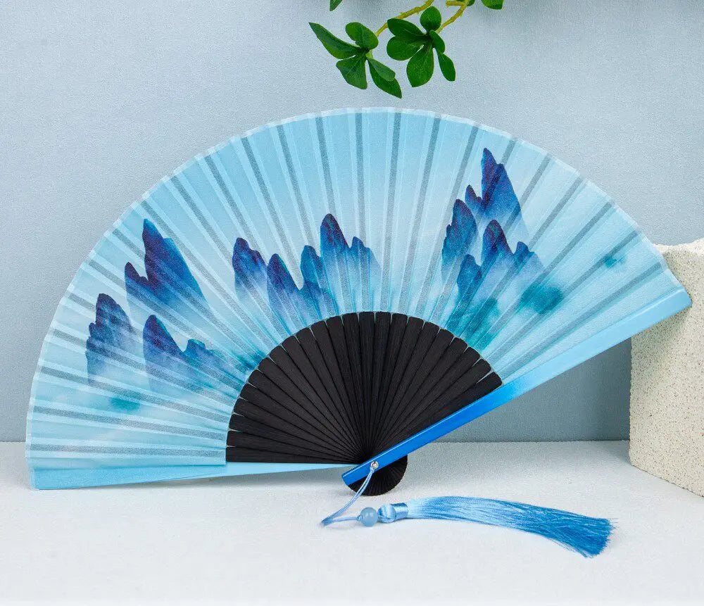 Éventail Japonais Pliant en Soie et Bambou – Motif Nature Rétro
