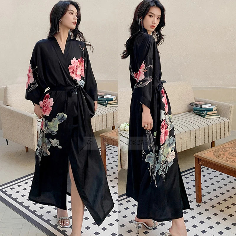 Kimono Long Satin Fleuri Femme - Confort & Élégance