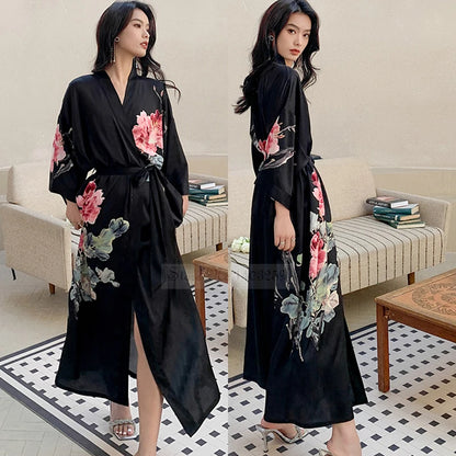 Kimono Long Satin Fleuri Femme - Confort & Élégance