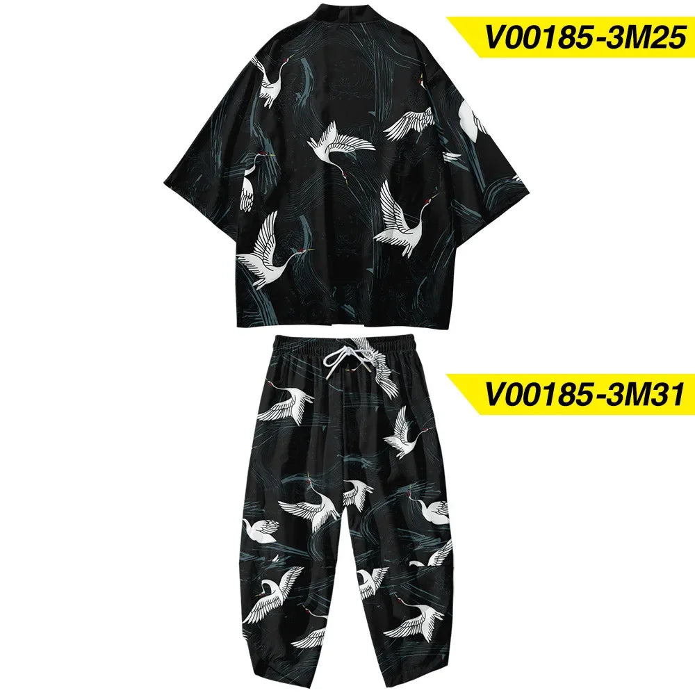 Ensemble Kimono Homme Léger Motif Oiseaux
