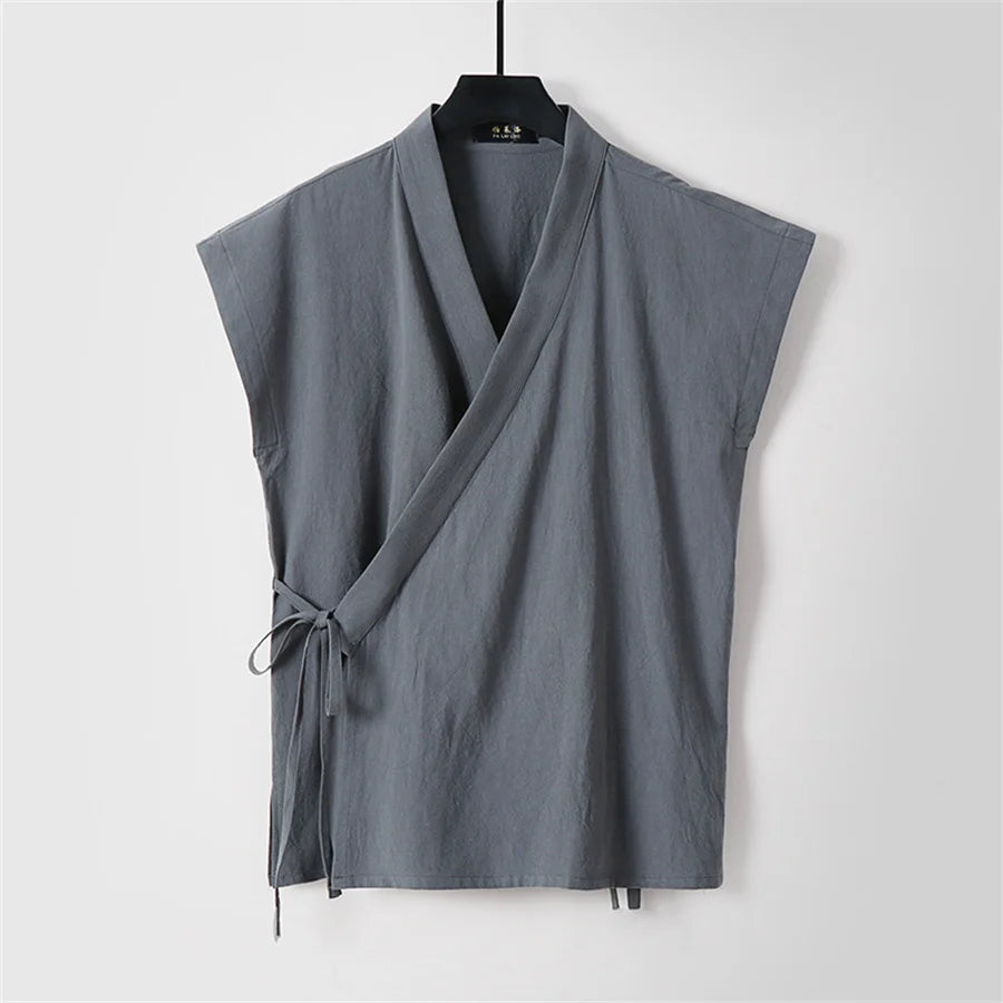 Cardigan V-Neck Sans Manches en Coton et Lin pour Homme - Style Casual