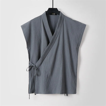 Cardigan V-Neck Sans Manches en Coton et Lin pour Homme - Style Casual