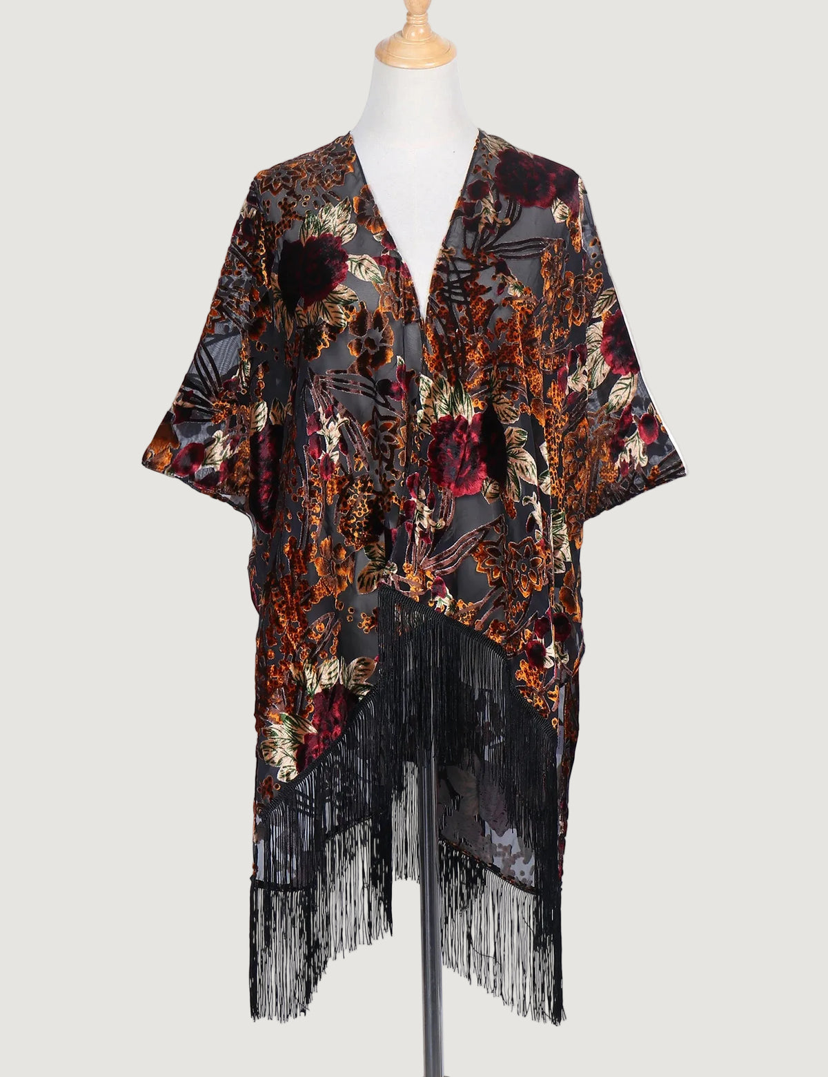 Kimono Court Fleuri en Nylon et Velours