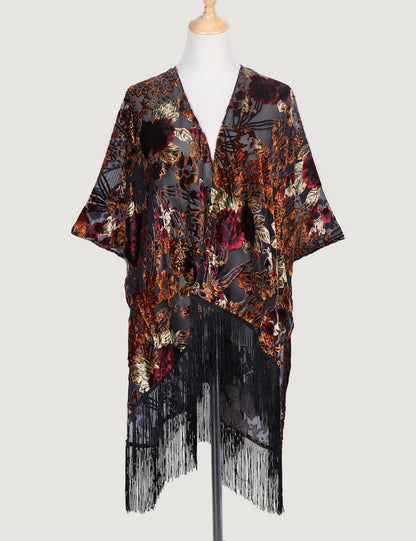 Kimono Court Fleuri en Nylon et Velours