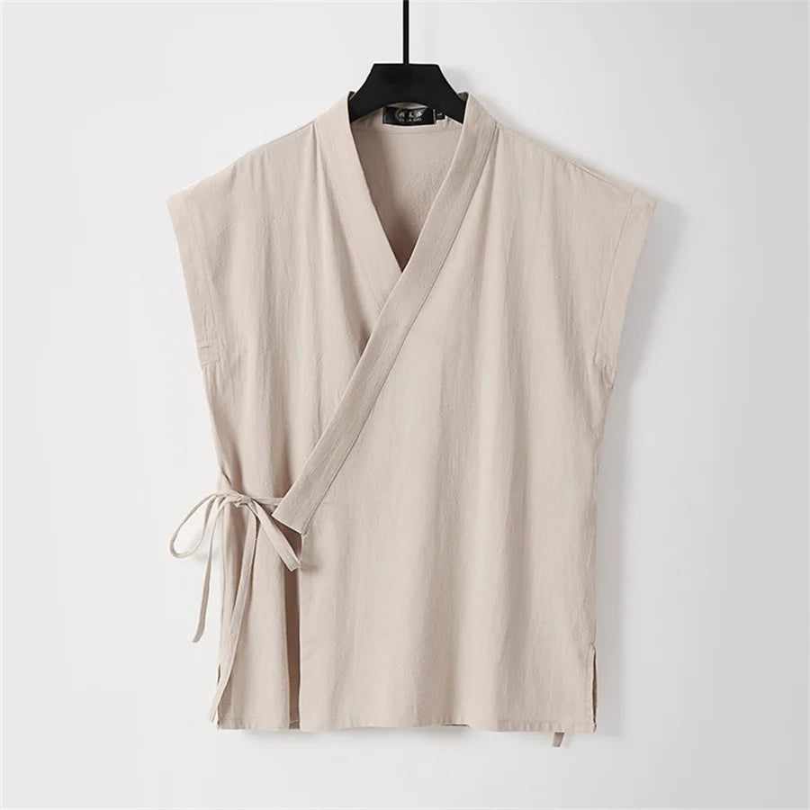 Cardigan V-Neck Sans Manches en Coton et Lin pour Homme - Style Casual