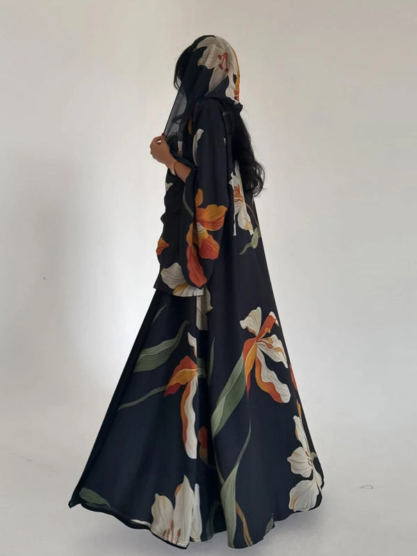 Kimono Long Abaya Femme avec Foulard - Style Casual Léger