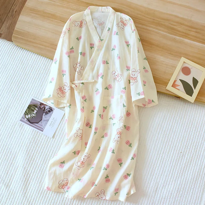 Kimono Chemise de Nuit Femme en Coton Doux Motif Lapin