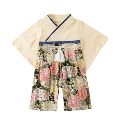 Ensemble Kimono et Pantalon Bébé Fille Style Japonais Fleuri