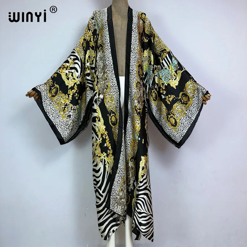 Kimono Long Femme Bohème – Cardigan Léger Imprimé Effet Soie