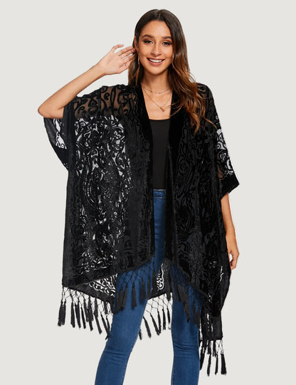 Kimono Court Fleuri Femme en Nylon et Velours