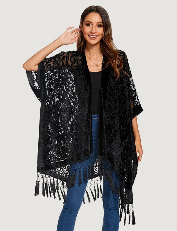 Kimono Court Fleuri Femme en Nylon et Velours