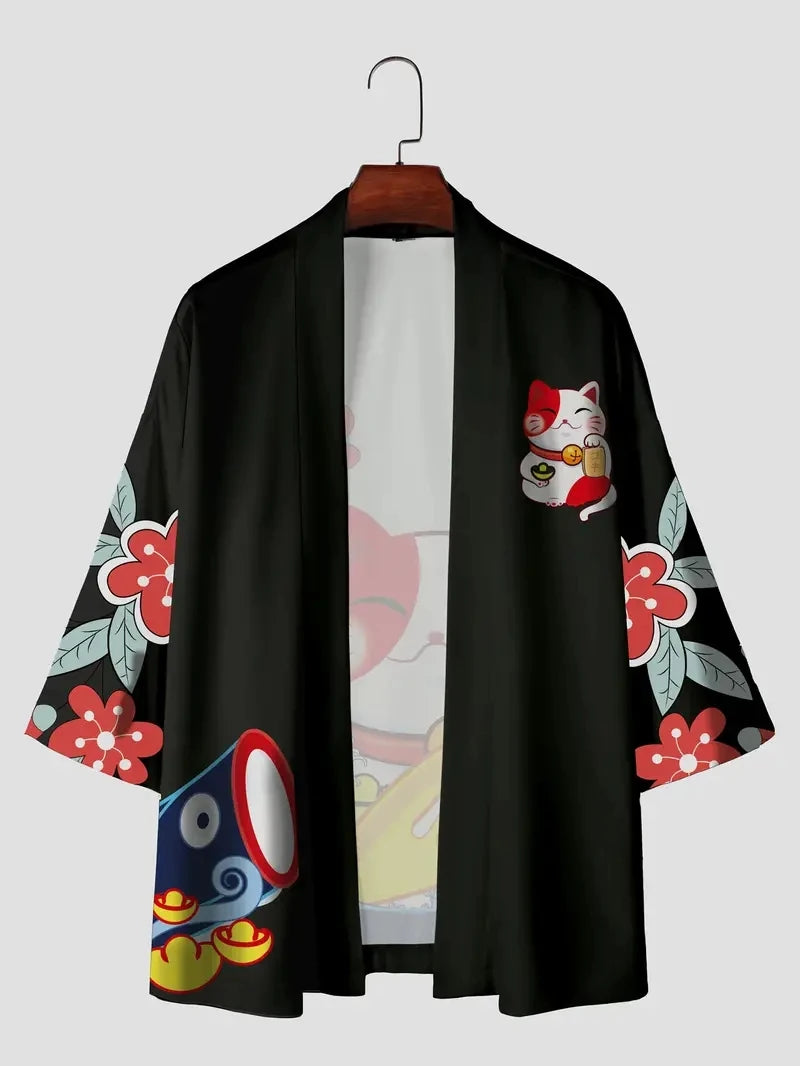 Kimono Court Unisexe Style Japonais avec Motifs Chats