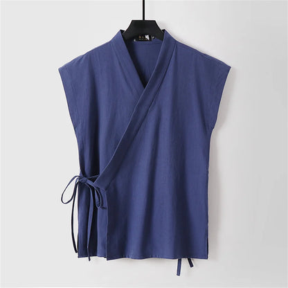 Cardigan V-Neck Sans Manches en Coton et Lin pour Homme - Style Casual