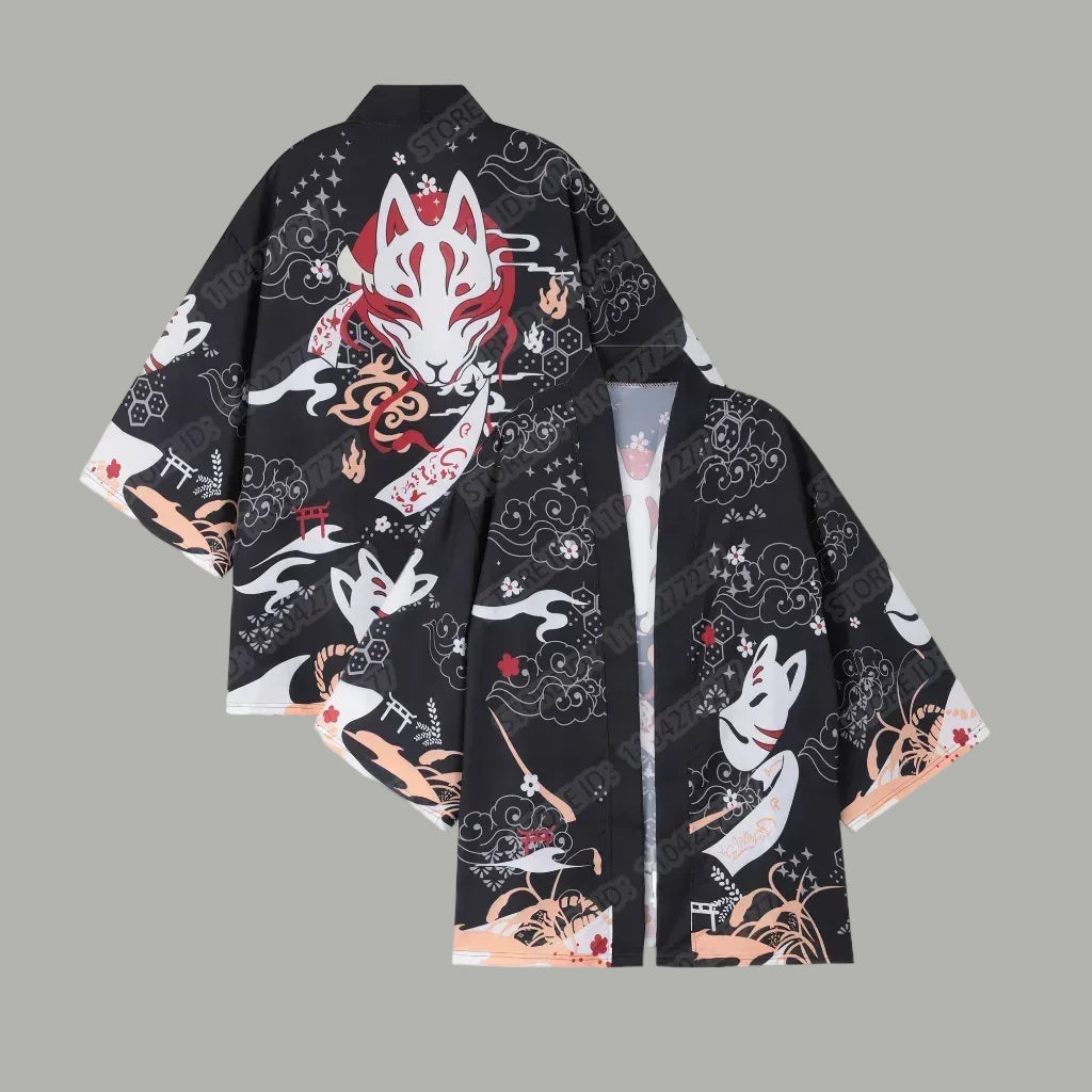 Kimono Court Unisexe Motif Renard - Style Japonais Traditionnel