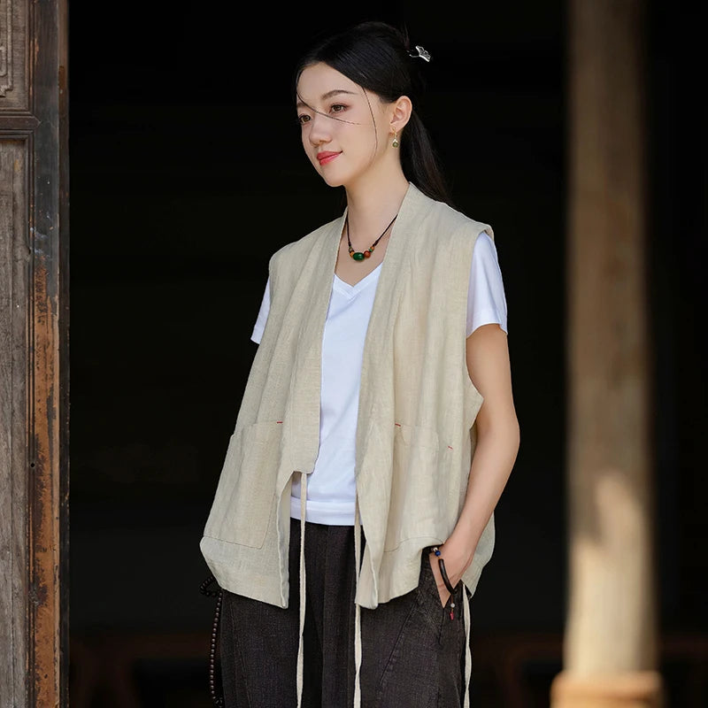 Cardigan Sans-Manche Femme V-Neck en Coton et Lin - Plusieurs Couleurs