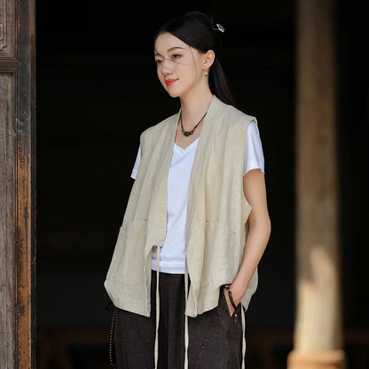 Cardigan Sans-Manche Femme V-Neck en Coton et Lin - Plusieurs Couleurs