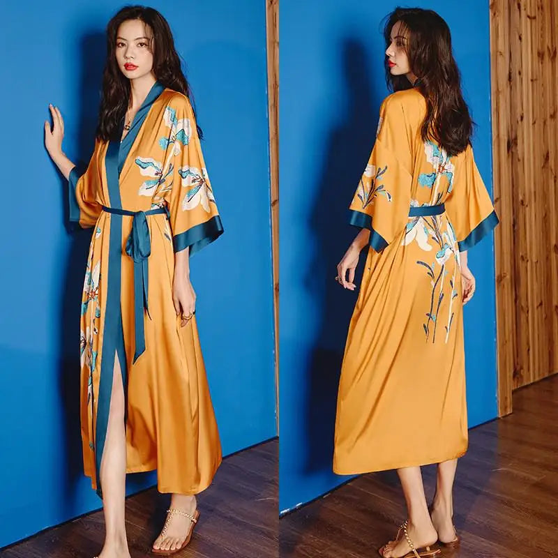 Kimono Long Femme Satin Imprimé Fleuri - Style Lounge & Vintage