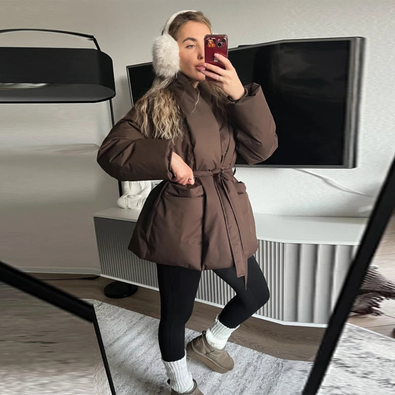 Doudoune Femme Chaude avec Capuche et Fermeture par Ceinture