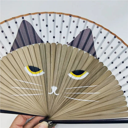 Éventail Pliant en Bambou Motif Chat - Style Japonais, Décoratif et Portable