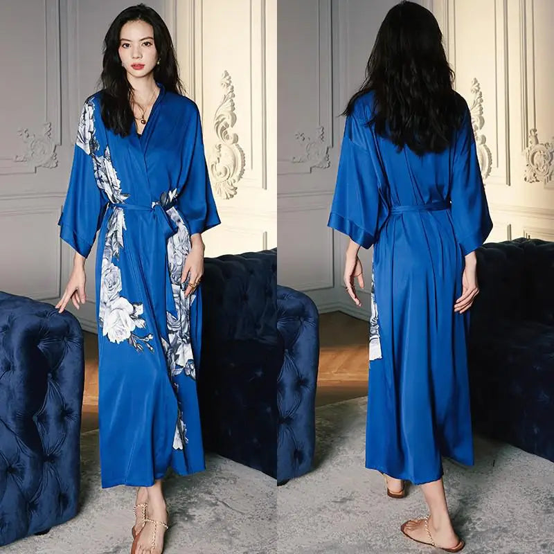 Kimono Long Satiné Femme Imprimé Floral