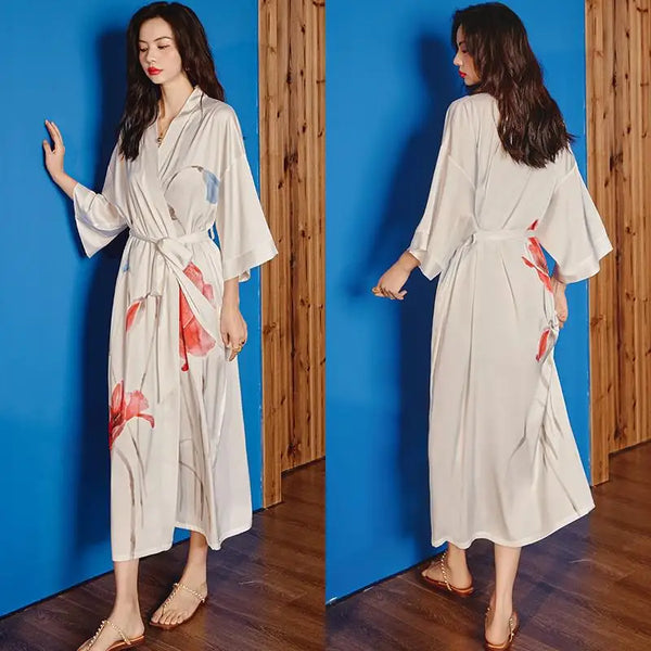 Kimono Long Satiné Fleuri Femme - Confort & Élégance