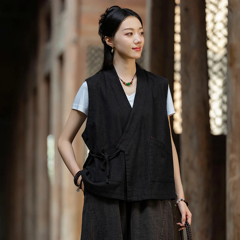 Cardigan Sans-Manche Femme V-Neck en Coton et Lin - Plusieurs Couleurs