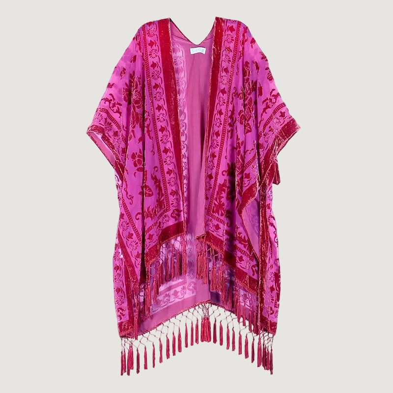 Kimono Court Fleuri en Nylon et Velours