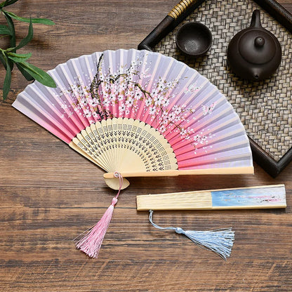 Éventail Pliant Vintage Style Chinois en Soie et Bambou