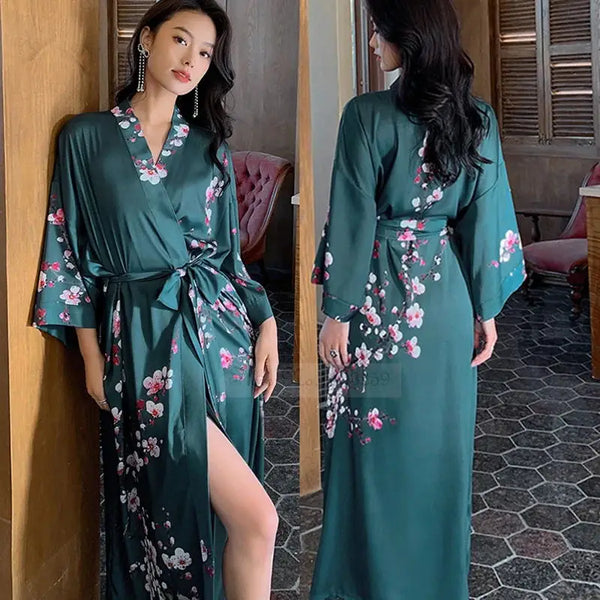 Kimono Long Satiné Femme Imprimé Floral - Noir Taille Unique