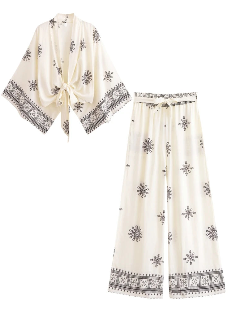 Ensemble Bohème Fleuri Femme : Haut et Pantalon Large