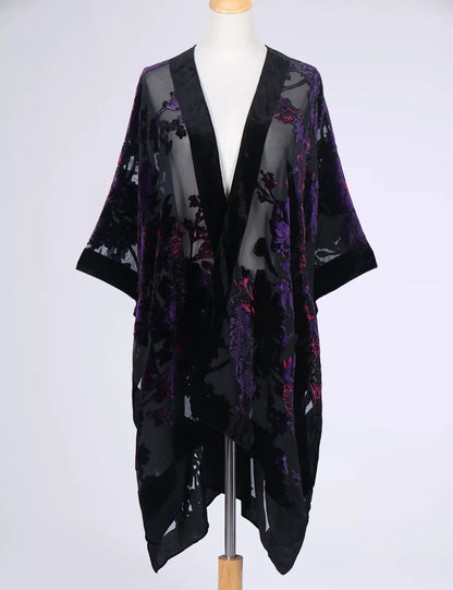 Kimono Court Fleuri en Dentelle et Velours Transparent