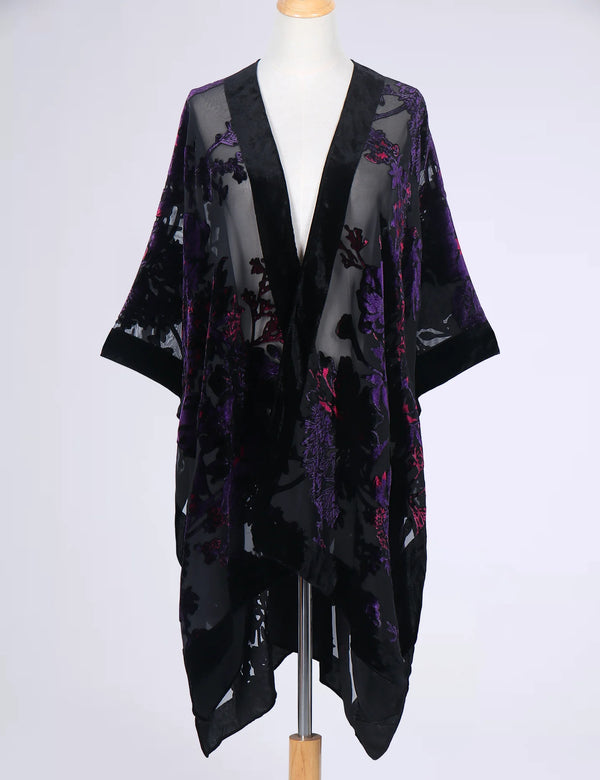 Kimono Court Fleuri en Dentelle et Velours Transparent