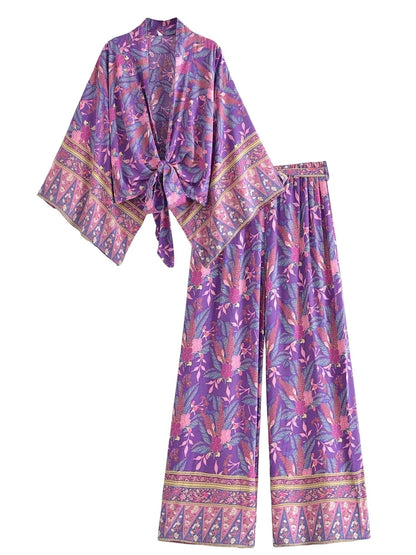 Ensemble Bohème Fleuri Femme : Haut et Pantalon Large