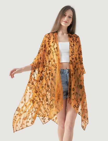 Kimono Court Fleuri en Nylon et Velours