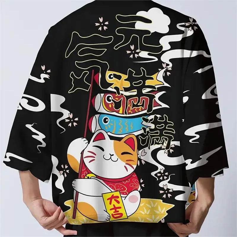 Kimono Court Homme Style Japonais Motif Chat