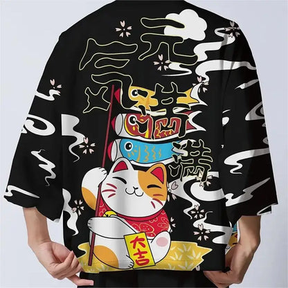 Kimono Court Homme Style Japonais Motif Chat