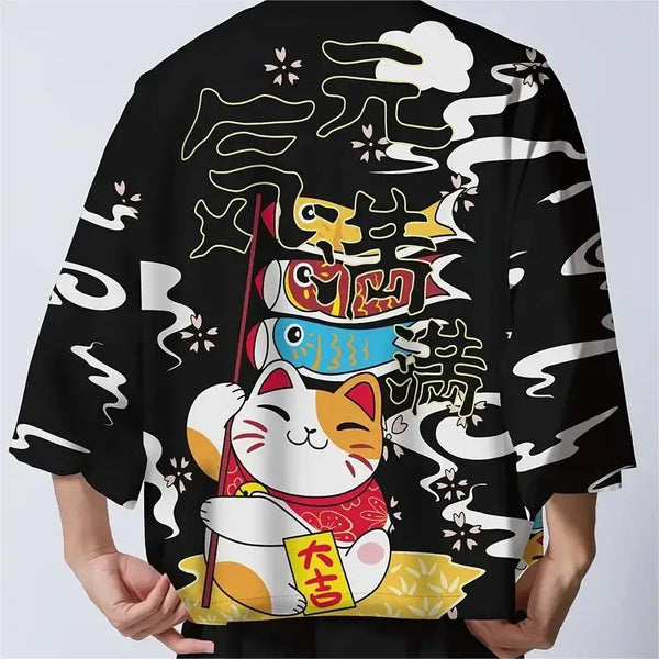 Kimono Court Homme Style Japonais Motif Chat