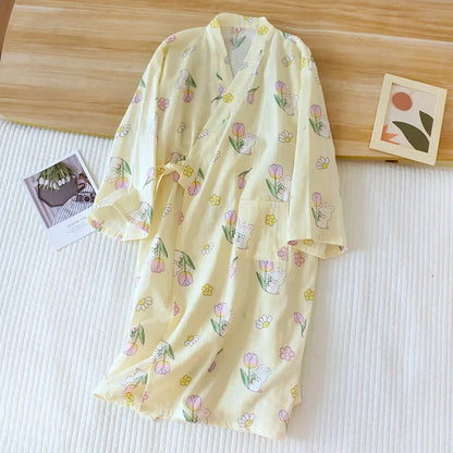Kimono Chemise de Nuit en Coton pour Femme - Motif Cartoon Léger