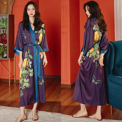 Kimono Long Satin Fleuri Femme - Robe de Chambre Confortable et Élégante