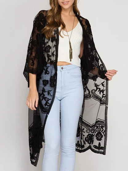 Kimono Mi-long Femme Style Bohème Chic - Transparent et Fleuri