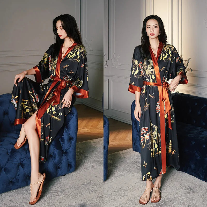 Kimono Long Fleuri en Satin pour Femme - Confort & Élégance