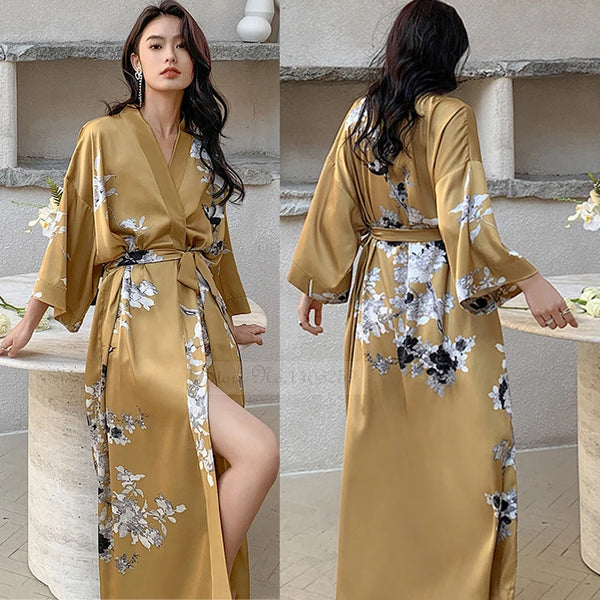 Kimono Long Fleuri en Satin pour Femme - Confort & Élégance