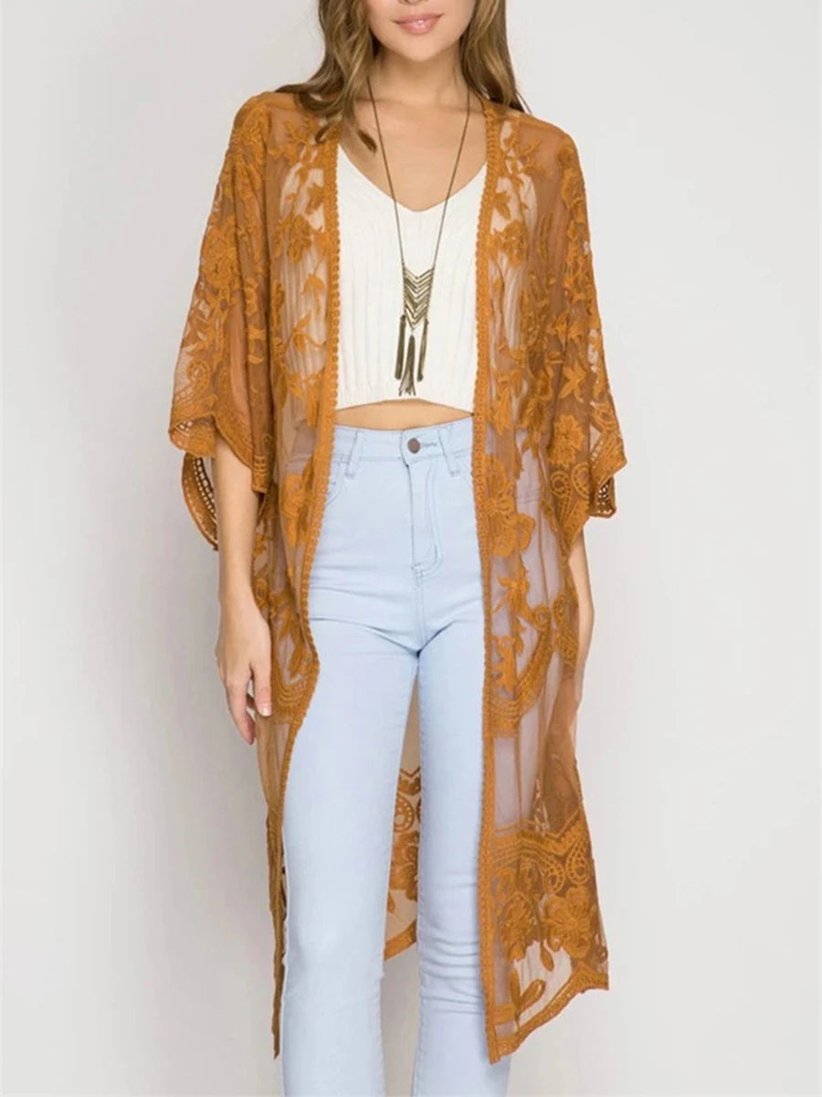 Kimono Mi-long Femme Style Bohème Chic - Transparent et Fleuri