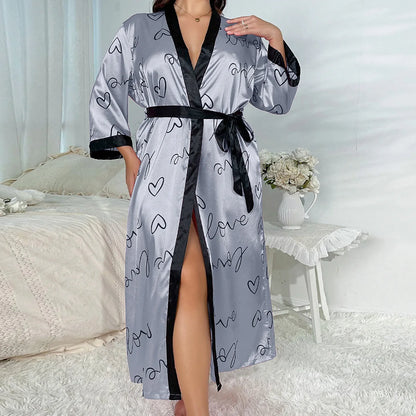 Kimono Long Satiné Grande Taille Femme - Motif Coeur