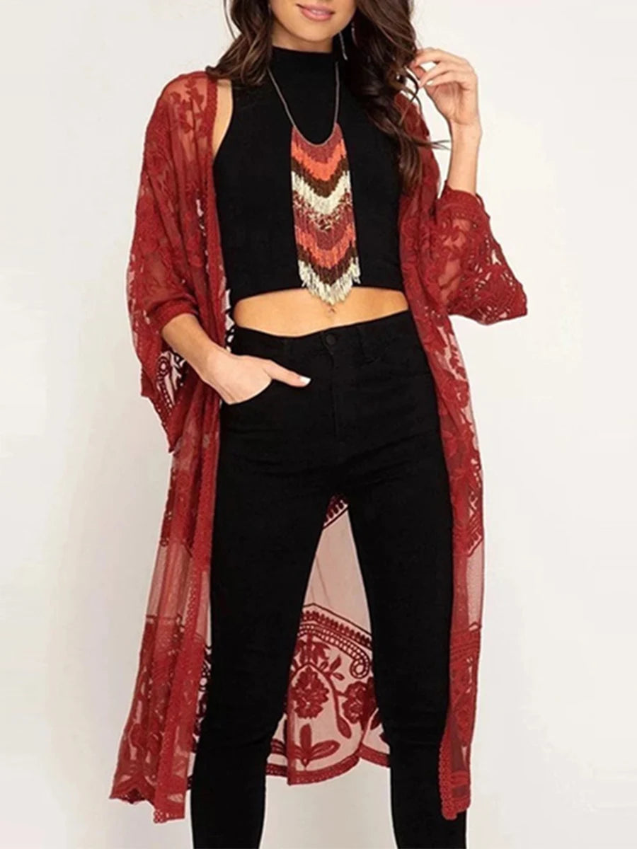 Kimono Mi-long Femme Style Bohème Chic - Transparent et Fleuri