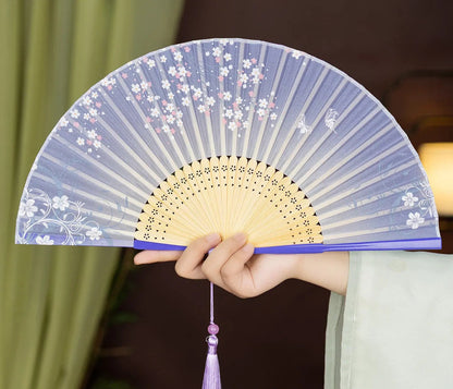 Éventail Japonais Pliant en Soie et Bambou – Motif Nature Rétro