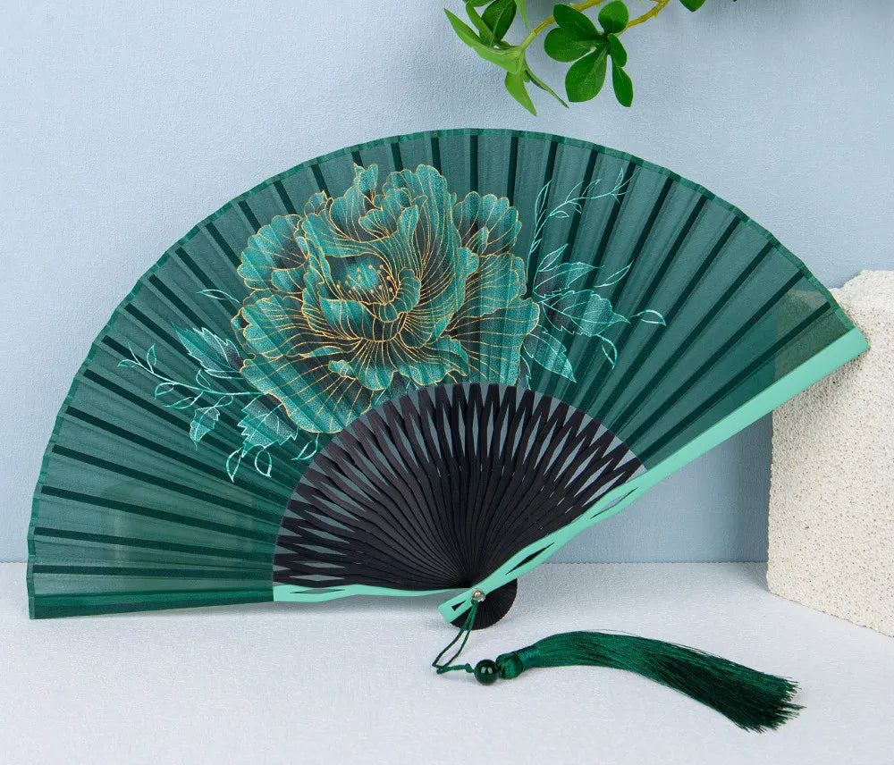 Éventail Japonais Pliant en Soie et Bambou – Motif Nature Rétro