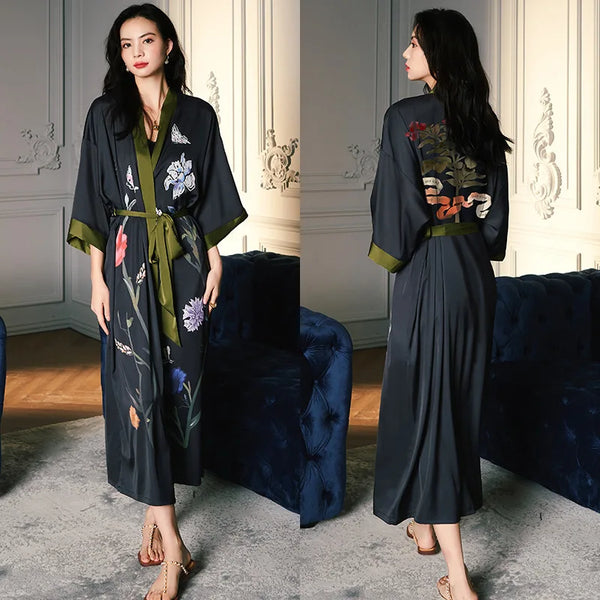 Kimono Long Satin Femme Imprimé Floral - Confort & Élégance