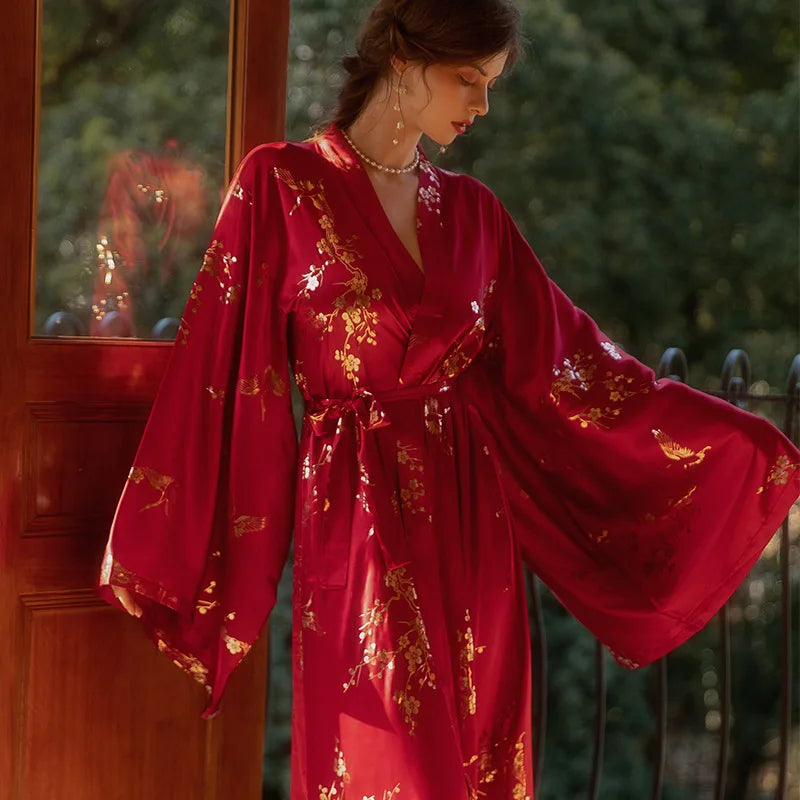 Kimono Long Satiné Imprimé pour Femme - Élégant et Léger